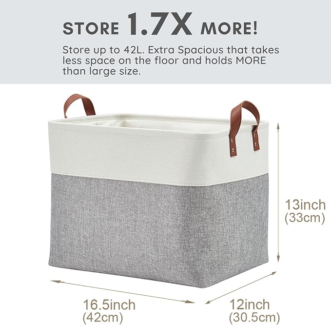 DECOMOMO Fabric Storage Bins, Extra Large Storage Baskets with Handles | 3 Pack Storage Baskets for Shelves, Laundry, Toys, Nursery (Grey & White)
