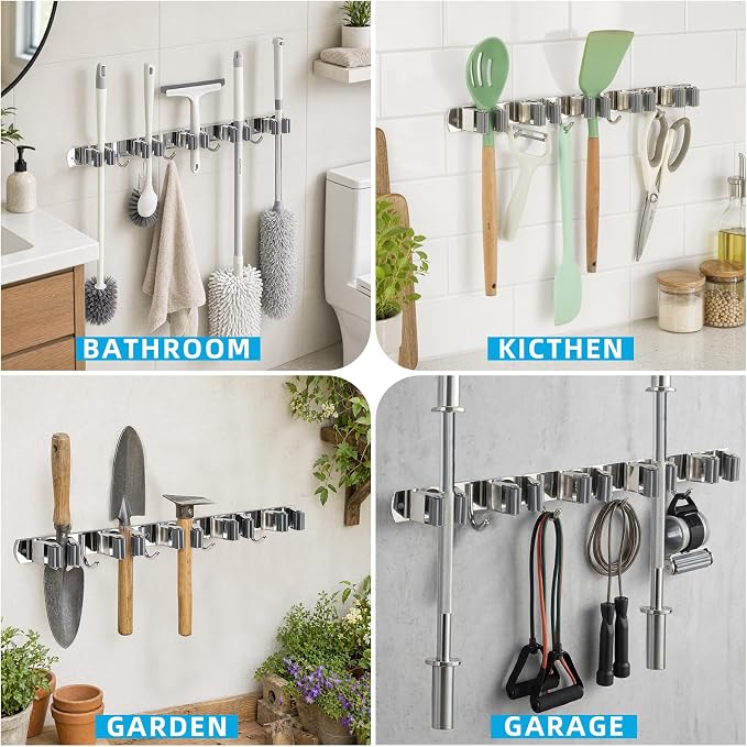Foensc 5 Racks and 4 Hooks Mop and Broom Holder Wall Mount, Improved Non-Slip Broom Hanger Wall Mount, Self Adhesive Broom Organizer Storage Tool Racks for Home Kitchen Garden Laundry Garage