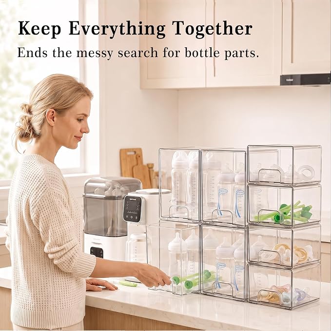 Clear Stackable Storage Drawers: Acrylic Organizer Bins 8 Pack | for Baby Bottle makeup Ideal for Countertop, Vanity, Station, Bathroom, Kichen Cabinet Pantry Organization