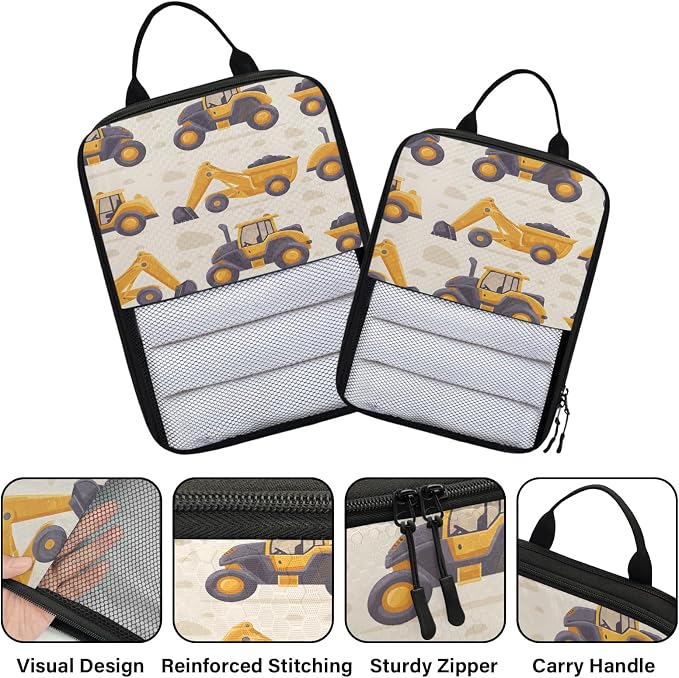Construction Trucks Compression Packing Cubes Yellow 6 Set Travel Packing Cubes for Suitcases Lightweight Expandable Organizers