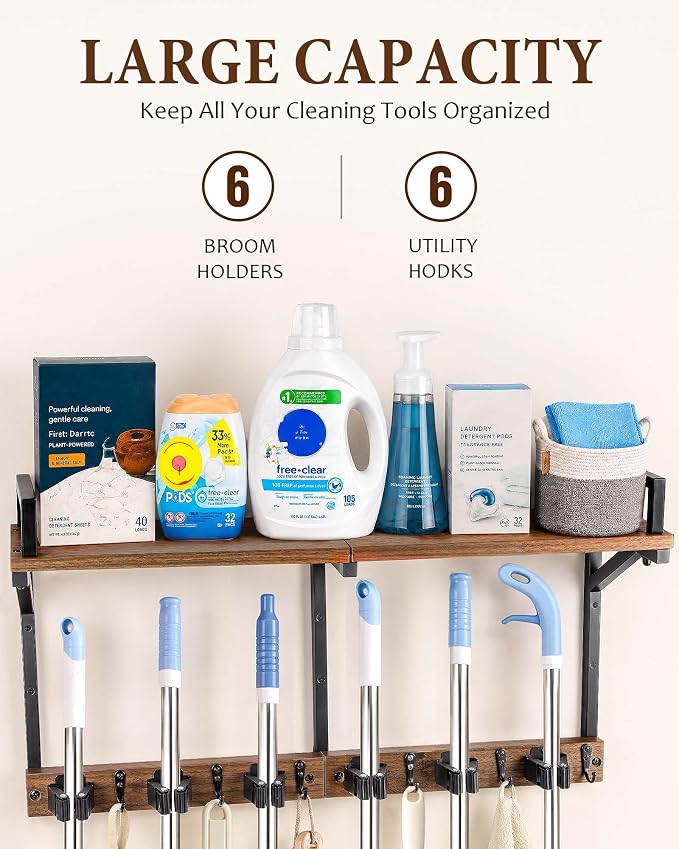 Lorbro Broom Holder Wall Mount with Cleaning Supplies Storage, Heavy Duty | 3 in 1 Broom and Mop Organizer Wall Hanging, Wooden Mop Organizer Hanger, Storage Shelves for Laundry Room, Garage