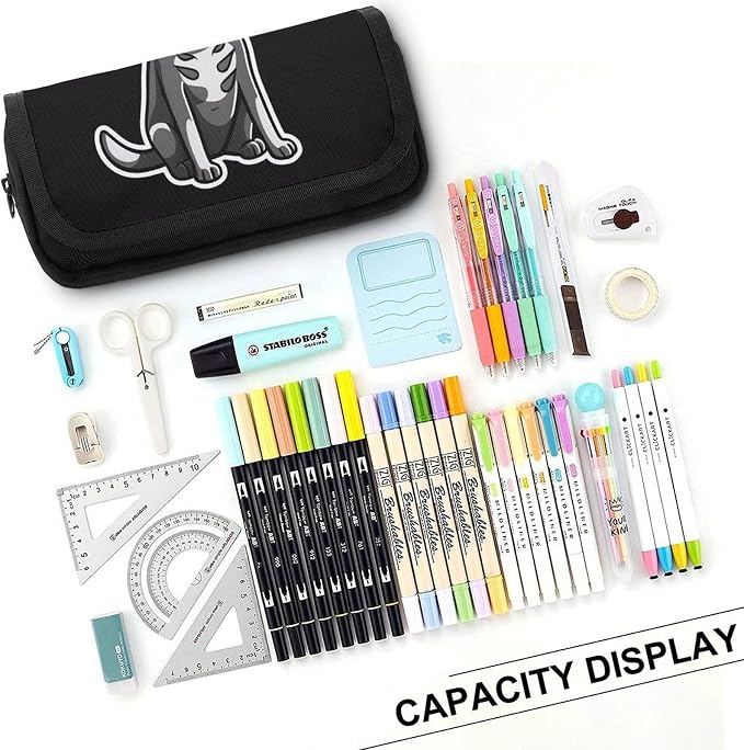 Pet Dog Stickers Large Capacity Pencil Case with Double Zipper - 2 Compartments Stationery Pen Organizer Pouch, Portable Storage Bag for Office Supplies, Travel & Cosmetics