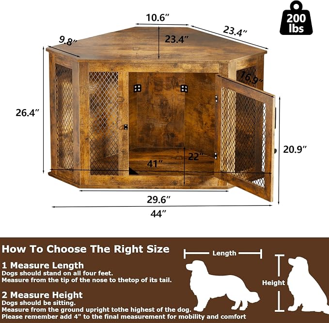 44" Corner Dog Crate Furniture, Wooden Dog Kennel Indoor | Corner Dog Kennel Furniture for Medium-Large Dogs, Brown Space-Saving Decorative Indoor Pet House with Mesh Door & Lock