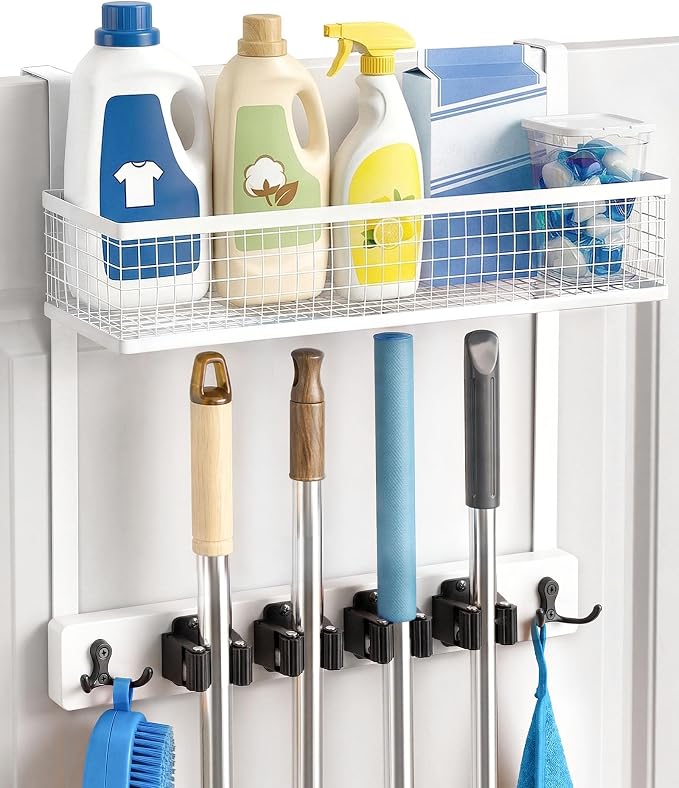 Lorbro Over the Door Broom and Mop Holder with Basket, 4 Grips and 4 Hooks | No-Drill Door Mount, Cleaning Supply Organizer, Wood and Metal Build, Secure Grip Slots, Laundry Garage Closet Use