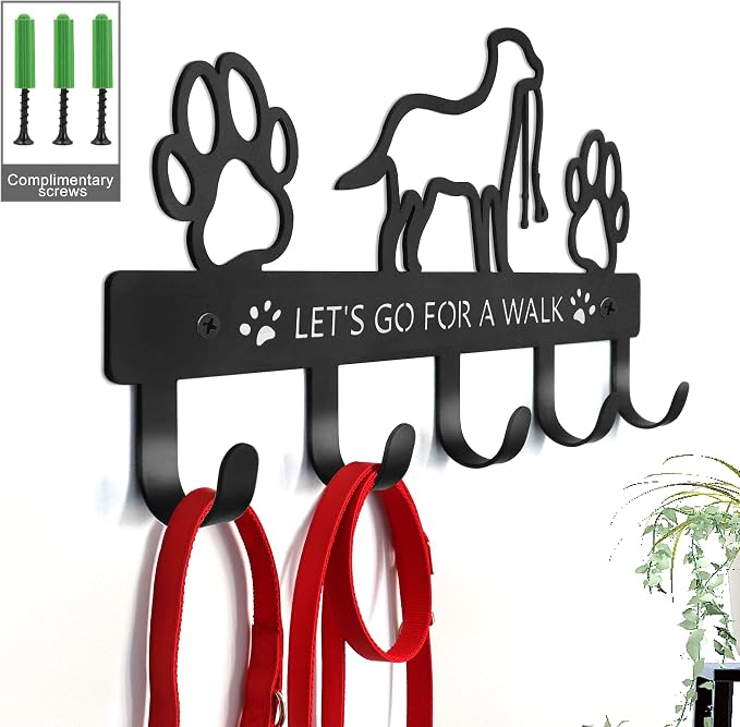 PET ARTIST Dog Leash Holder for Wall, Metal Dog Leash Hooks for Wall Decorative, Dog Leash Hanger Organizer Wall Mount with 5 Hooks, Dog Stuff Storage Organizer for Key Holder Dog Collar and Leash Set