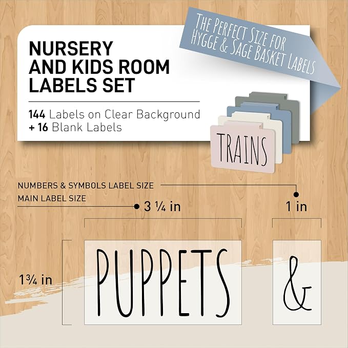 Hygge & Sage Nursery Organization and Kids Room Organization Label Stickers | 144 Clear Preprinted Stickers with Black Print | Easy to Remove Labels for Kids Playroom Storage or Nursery Storage