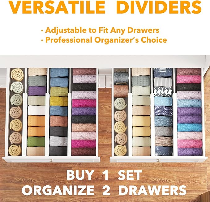 SpaceAid Bamboo Dresser Drawer Dividers 6 Pack, (Need 4.65" Deep Drawer) Adjustable 12.5“-17” Organizers, Expandable Organization for Clothing, Clothes, Dressers, White