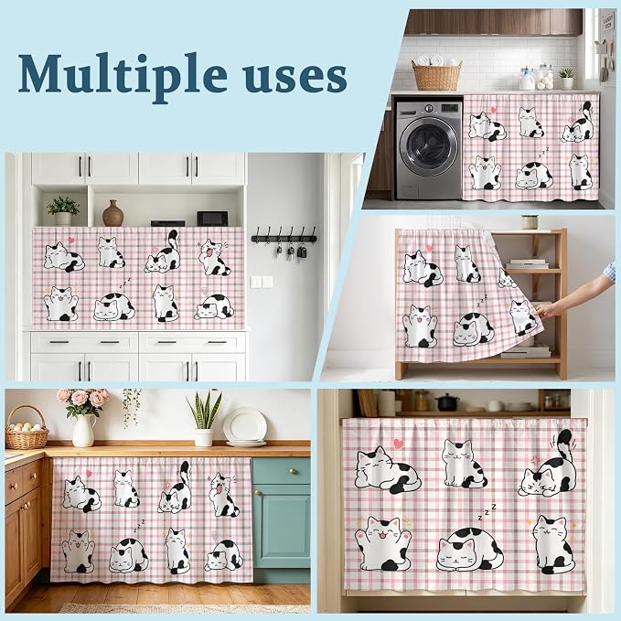 Cute Cat Cabinet Dishwasher Hidden Curtains, Privacy Closet Door Curtain, Modern Playful Pet Cats Pink Brown Plaid Adhesive Dust Proof Under Sink Skirt for Bathroom Kitchen 35"x35"