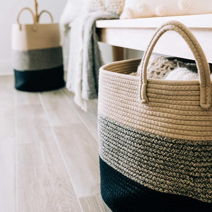 OrganiHaus Round Toy Basket & Blanket Basket, Cotton Rope 20x13" | 3-Toned Brown - Round Cotton Rope Basket, 20x13"