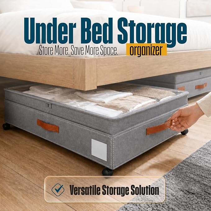 Under Bed Storage Organizer with Wheels, Rolling Under Bed Storage Containers with Clear Lid, Dual Zippers, Handles, Storage for Clothes, Shoes, Blankets, Toys, 2-pcs Under Bed Drawers(Grey)
