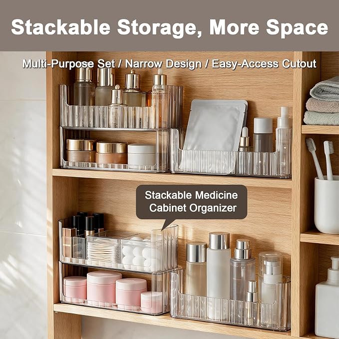 Medicine Cabinet Organizer, 2-Tier Stackable Makeup Organizer with Lipstick Holders & Cotton Swab Containers for Bathroom, RV,Mirror Cabinets, Vanity, Closet & Countertop