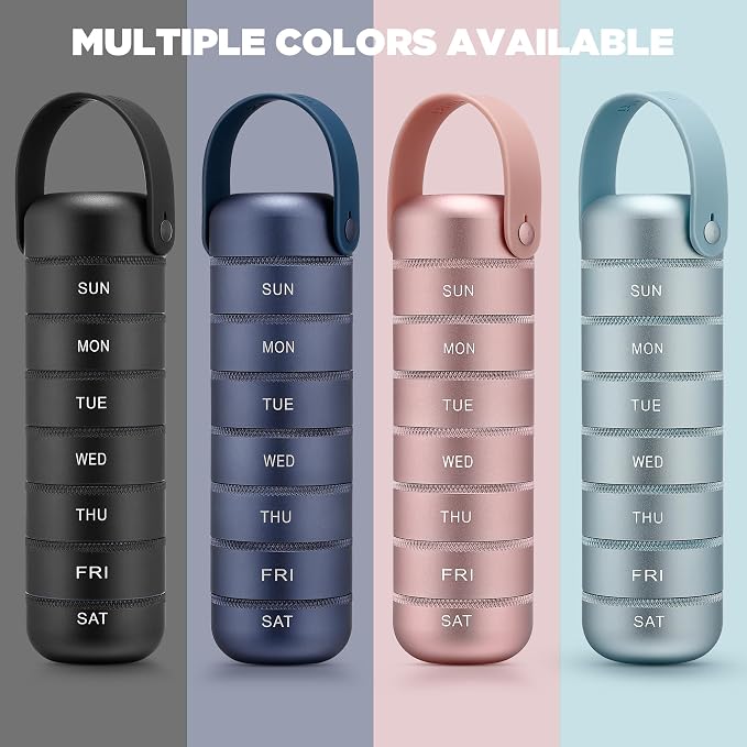 Zannaki Metal Weekly Pill Organizer, Large Travel Pill Box 7 Day, Waterproof Daily Pill Case with Silicone Handle, Aluminum Alloy Portable Pill Holder Container for Vitamin, Medicine, Supplement,Pills