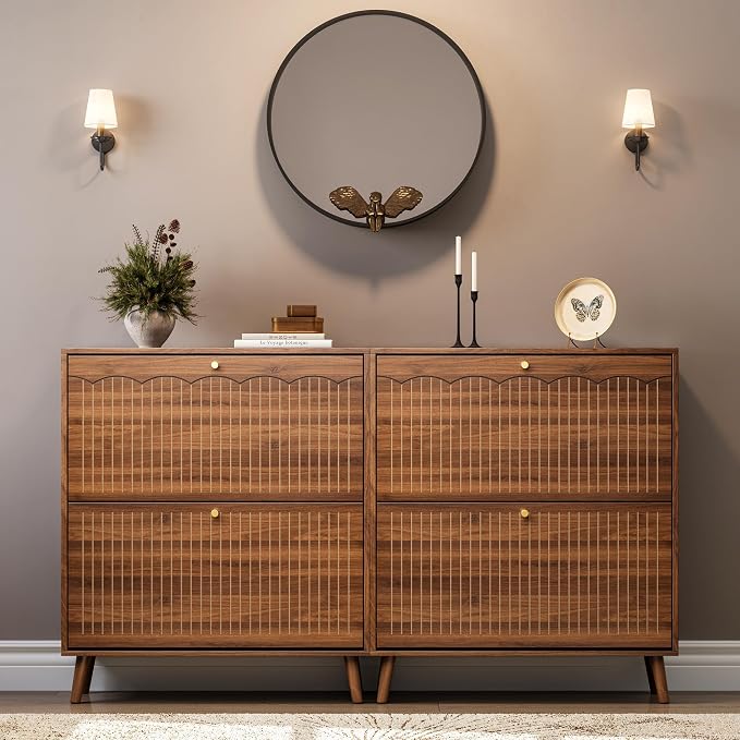 Mid-Century Modern Slim Shoe Cabinet for Entryway, 9.5" Narrow Shoe Storage Cabinet with Architectural Arched Fluted Front, Entryway Shoe Storage with Adjustable Shelves,Classic Walnut
