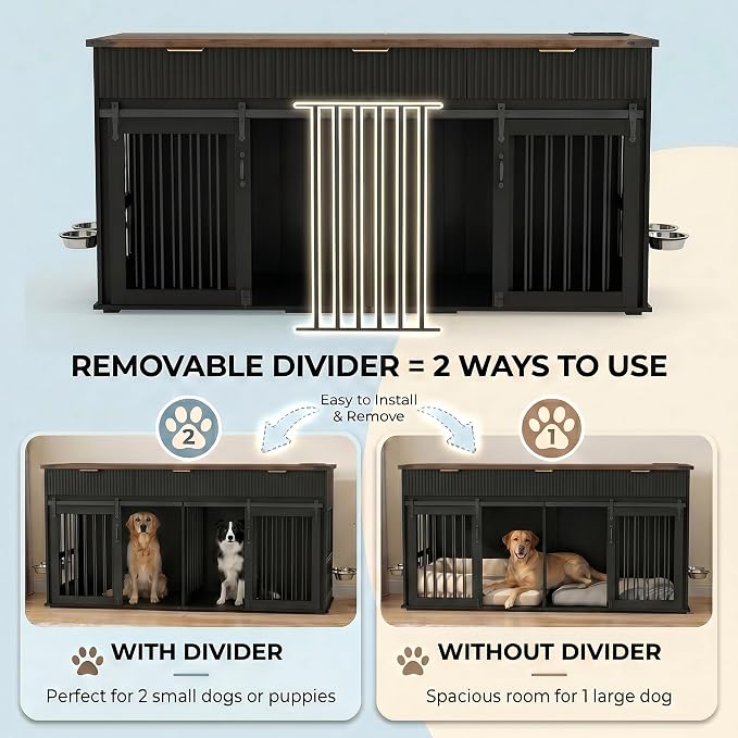 71" Large Dog Crate TV Stand with 3 Fluted Drawers, Furniture Style Wooden Double Dog Crate Furniture with Power Outlet and Rotating Feeders, Dogs Cage for Small Medium Large Dogs, Black