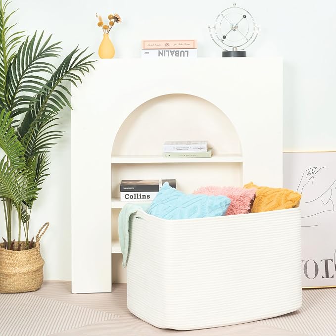 112L Extra Large Blanket Basket Holder Living Room, 25"x17"x16" Rectangle Rope Woven Storage Basket with Handles for Laundry, Towels, Shoes, Dog Toy Organizer Bin Box, Creamy White