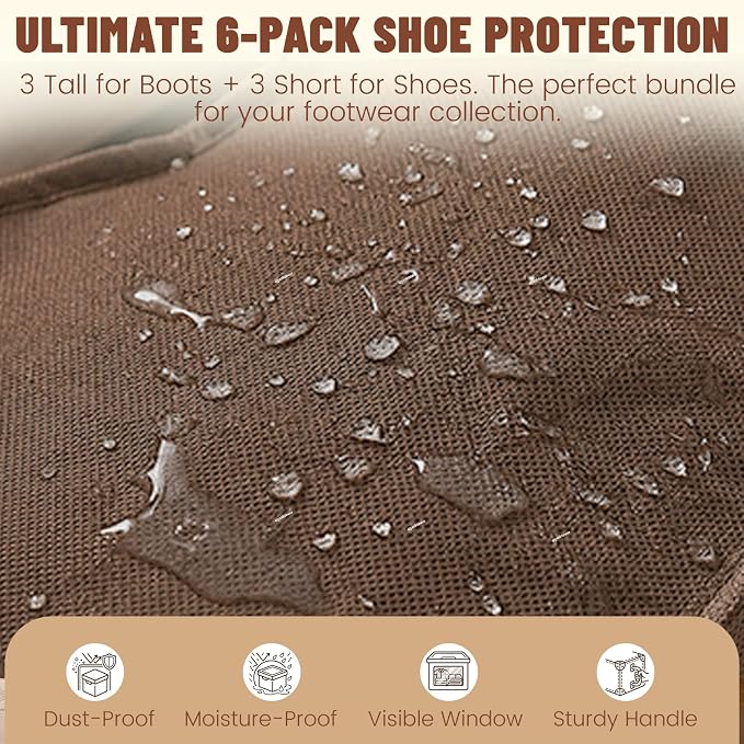 6Pack Portable Boots Storage Bag, Brown Boot Storage Bag, Snow Boot Bag, Waterproof and Dustproof Tall Boot Storage Carry Bag Shoe Cabinet and Travel Daily Use