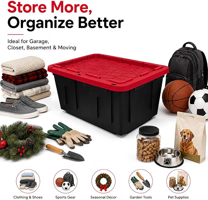 27 Gallon Storage Bins with Lids, Heavy Duty Plastic Stackable Totes, 4-Pk | High-impact polypropylene construction resists dents and stains. Features lockable lid channels and integrated grip handles.