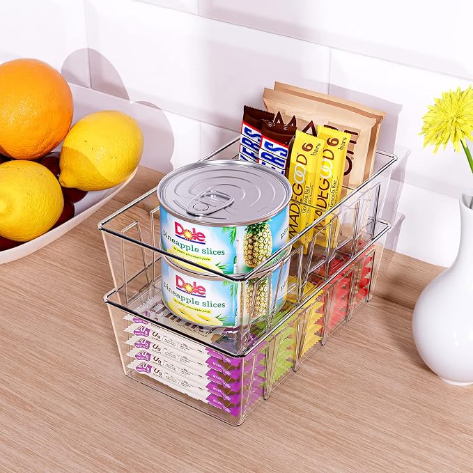 Puricon 4 Pack Pantry Organization and Storage Bins for Kitchen Fridge | Stackable Clear Plastic Storage Racks with Removable Dividers for Countertop Cabinet, 5 Compartments for Snacks Packet Spices
