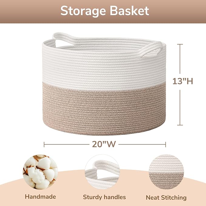 Goodpick 65L Large Woven Rope Basket for Blankets Living Room, 65L | 19.7 x 19.7 x 12.6 In Woven Basket for Storage, Kids Toy Storage for Playroom, Laundry Basket for Towels, Light Brown