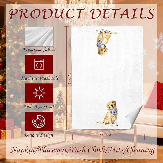 Chinoiserie Golden Retriever Kitchen Towels 16x24 in, Gifts for Golden Retriever Lovers, Grandmillennial Bandana Dog Decorative Hand Tea Dish Towels for Bathroom Kitchen