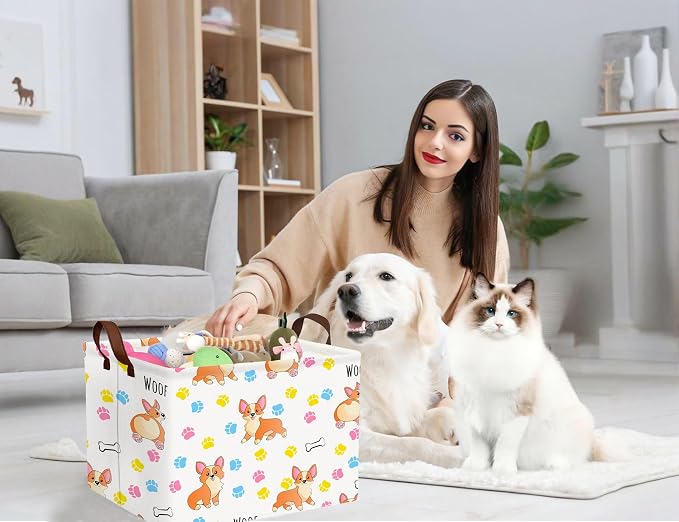 Medium Dog Toy Storage Basket Collapsible Pet Bin Box with Handles Large Puppy Box Stuff Organizer Living Room Decor(Color Paw)