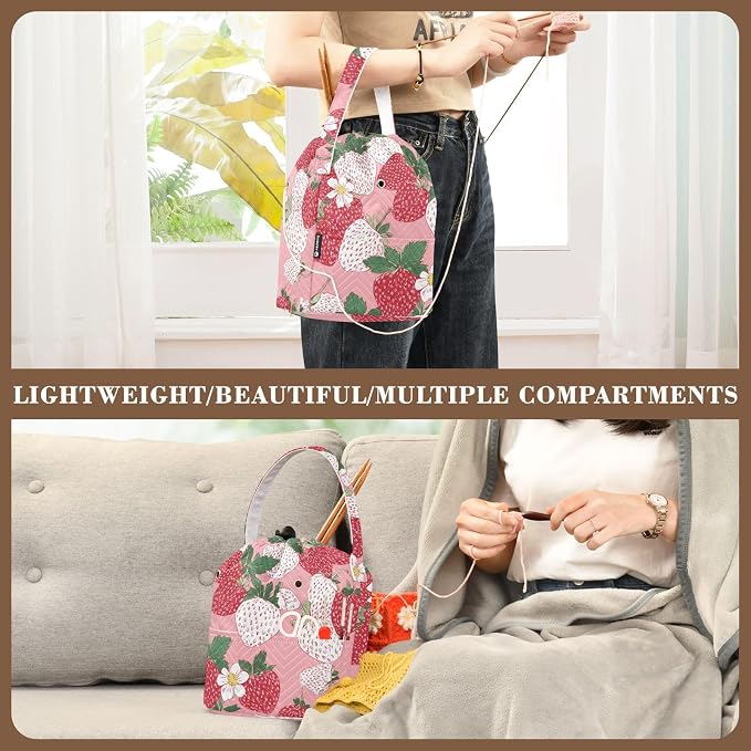 Tatenale Crochet Bag Yarn Bag Knitting Project Bag with Pockets and Handle Portable Yarn Storage Organizer Tangle Free 8.3x11 InchPink White Strawberries Flowers25