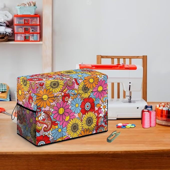 Sewing Machine Cover,Retro Colorful Flowers Print | Dust & Pet Hair Protection,Fits Standard Singer, Brother and Janome Machines, Protecting & Decorating Your Sewing Space