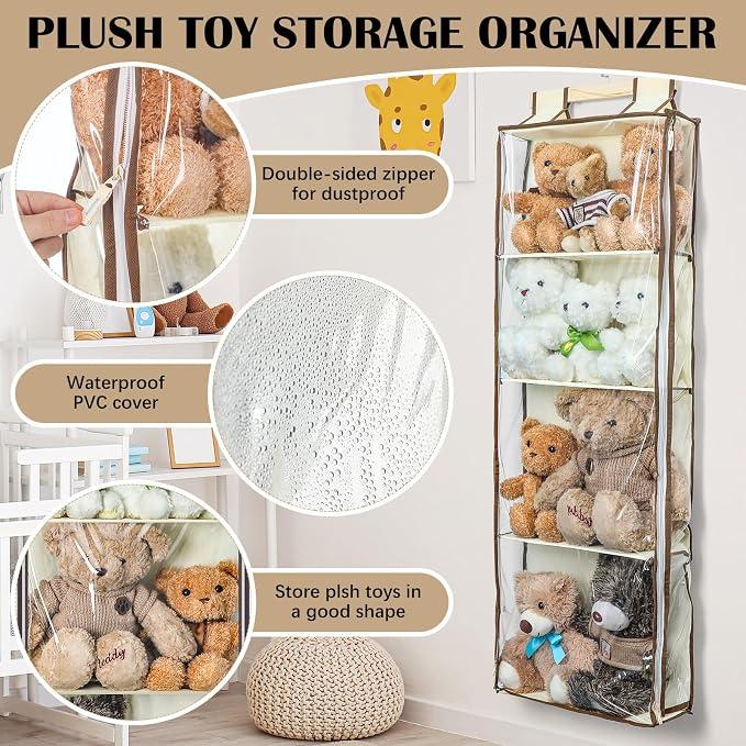 SATINIOR Hanging Stuffed Animal Storage with Zippers Dustproof over The Door Organizer with Large Pockets Different Hanging Methods for Shoes, File(Transparent,4 Layer)