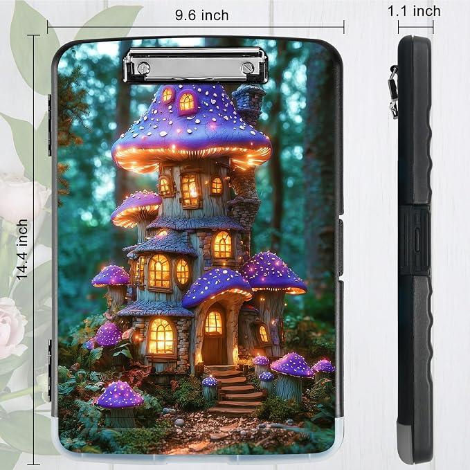 A4 Clipboard with Storage Pen Holder, Clipboards Organizer Nursing Clipboard Foldable File Folder Plastic Clipboard Folio Clip Board for Office Work Classroom Doctor, Purple Mushroom Castle