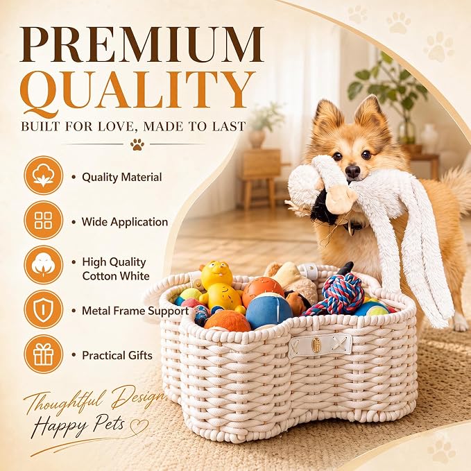 Barydat 2 Set Dog Bone Shaped Basket with Lid Cotton Rope, White | Large Small Sizes, Handmade Woven Basket for Toy Storage, Organizes Pet Items, Home Bin with Secure Lid Closure