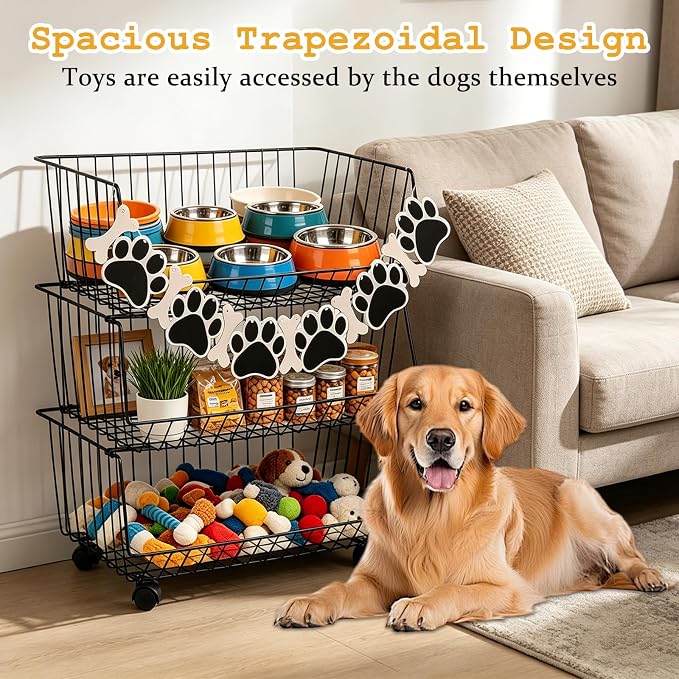 Metal Dog Toy Storage Rack, 19" x 10.6" x 24" Rolling Pet Organizer Bin with Wheels, 3 Tier Detachable Wire Basket Shelf for Toys Treats & Supplies, Large Dogs Toy Storage Holder for Home