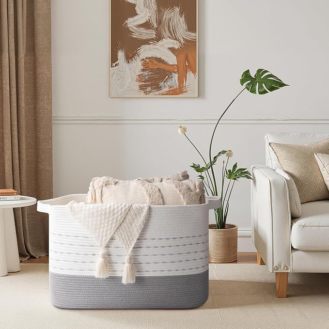 OIAHOMY 108L Extra Large Blanket Basket, 25”x16”x16” Rectangle Woven Cotton Rope Baskets for Living Room, Toy Storage with Handle- Gradient Grey
