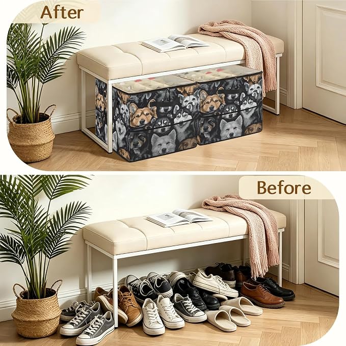 TropicalLife Funny Dog Faces Shoe Organizer for Closet | Foldable Shoe Storage Organizer Box Bin with Adjustable Dividers and Clear Cover, Fits up to 16-32 Pairs