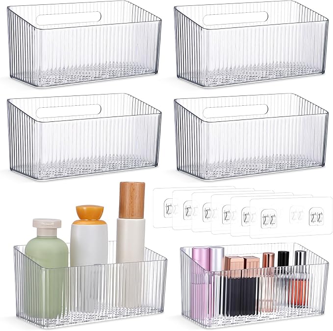 6 Pack Cabinet Organizer, Bathroom Cabinet Door Organizer with Adhesive Hooks, Clear Stackable Inside Cabinets Door Storage Bins, Wall Mounted Acrylic Shower Shelves for Kitchen, Pantry, Office, RV