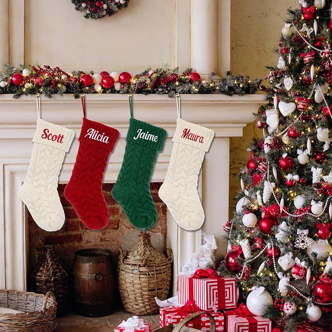 Personalized Christmas Stocking Large Custom Knitted Embroidered Name Xmas Stocking for Family Kids Pets Fireplace Party Decor