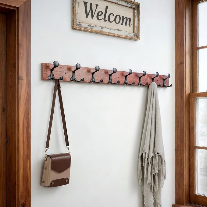 SKOLOO 43-Inch Wood Coat Rack Wall Mount with 8 Triple Hooks - Ideal for Family Entrances, Classrooms, and Pet Supplies Storage - Perfect Coat Hooks for Wall,Mahogany (Sapele)