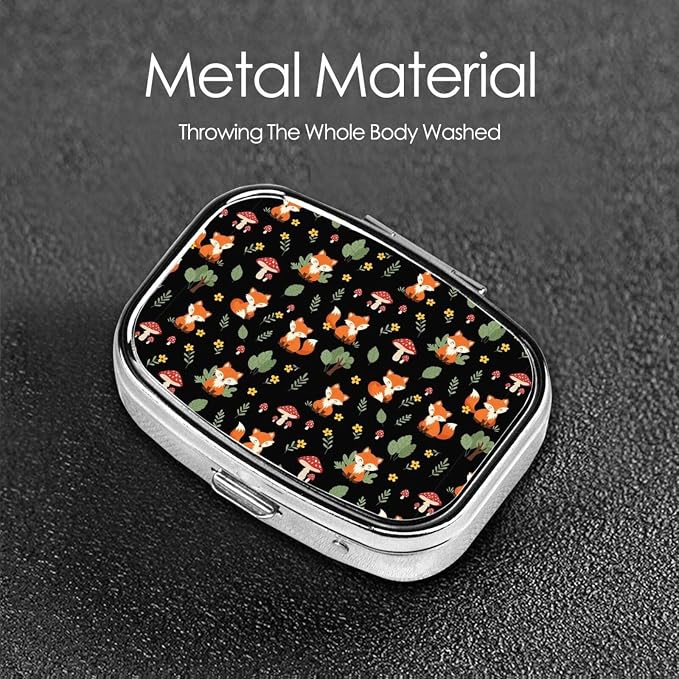 Pocket Pill Box Compact Metal Vitamin Organizer Leak-Proof Design Men Women Commute Essentials, Red Mushroom Green Leaves Flowers Floral Fox Black
