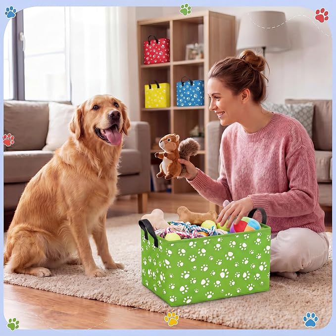 FoldTier 4 Pcs Dog Paw Storage Baskets Empty Collapsible Dog Toy Organizer Bins Puppy Storage Bin with Handles for Pet Toys Books Clothes Gifts Containers Home Rooms Decor(Paw)