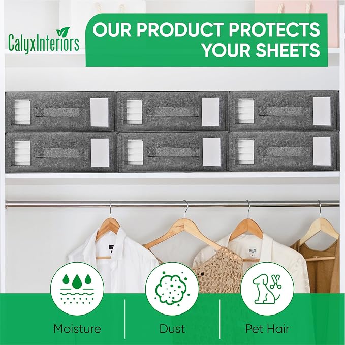 Calyx Interiors Bed Sheet Organizers and Storage | Set of 2 | Reinforced Handle & Zipper | Clear Window & Labeling Slot | Protect Linens from Dust, Moisture & Pet Hair (Queen/King Size, Soft Gray)
