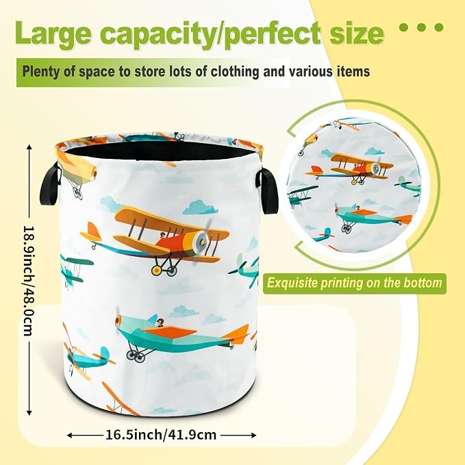 Airplane Cartoon Laundry Basket Foldable Waterproof Hamper 18.9 x 16.5 Inch | Oxford Cloth With Reinforced Handles Lining Design Large-Capacity Storage For Bathrooms/Laundry Rooms/ Living Rooms/Bedrooms