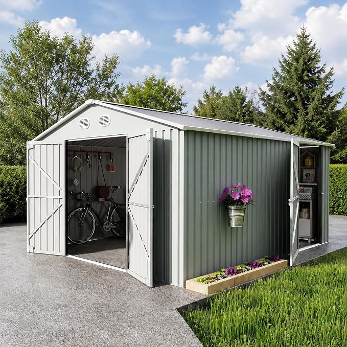 10x12 FT Metal Storage Shed, Large Storage Shed with Lockable Doors and Sloped Roof, Outdoor Tool Shed with Ample Ventilation for Garden, Lawn, Backyard, White