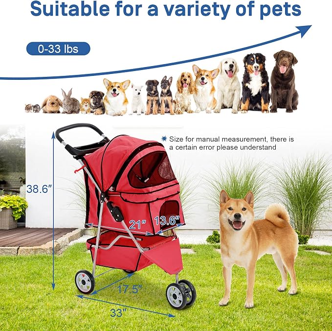 Best 3 Wheels Pet Stroller for Dog Stroller Cat Stroller, Lightweight and Foldable Pet Jogger Stroller, Carrier Strolling Cart W/Cup Holders Removable Liner for Small and Medium Dog Cat or Pet - Red