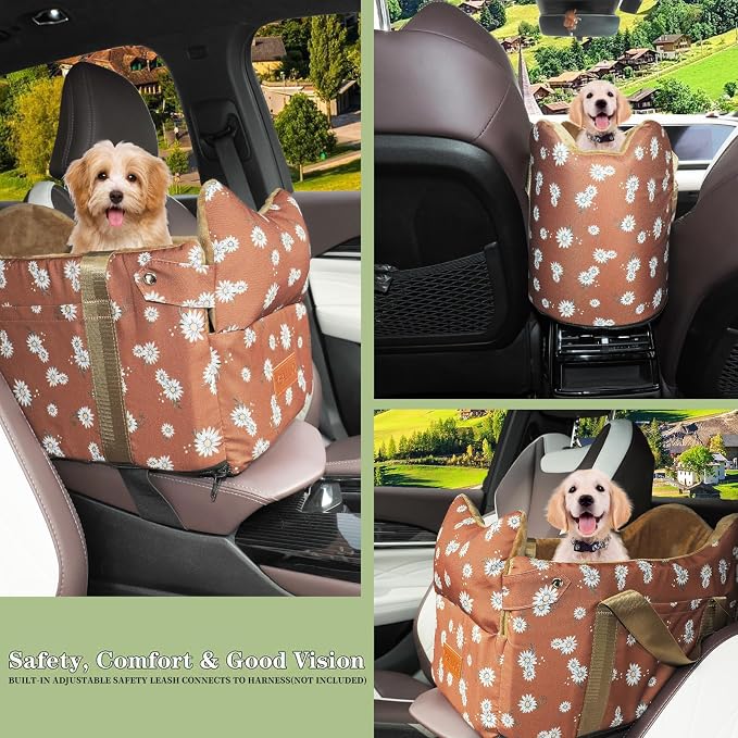 Dog Car Seat for Small Dogs 5-15 lbs,Cofe Color | Pet Travel Booster Seat with Safety Leash, Detachable Seat Belt,Storage Pockets