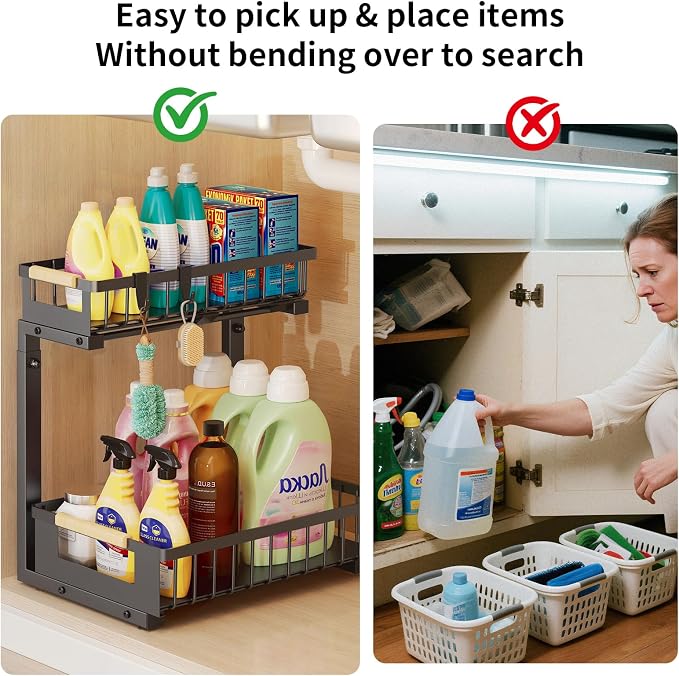 Under Sink Organizer, 2-Tier Slide Out Under Cabinet Storage for Kitchen/Bathroom, Adjustable Double Layer Under Sink Drawers, Space Saving Inder Sink Organizer for Cleaning Supplies(Black,2 Packs)