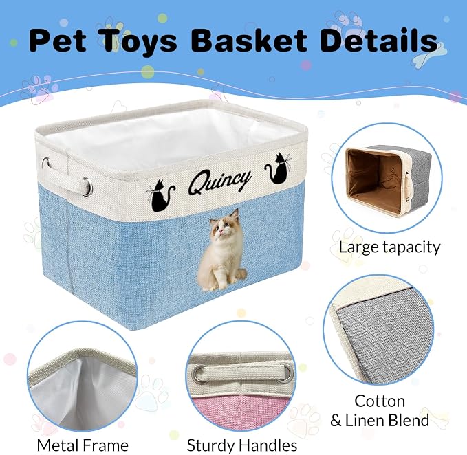 Amlion Personalized Dog Toy Basket Storage,Custom Pet Collapsible Bins with Name Photo Customized Box Organizer for Toys Dolls Clothing - Blue