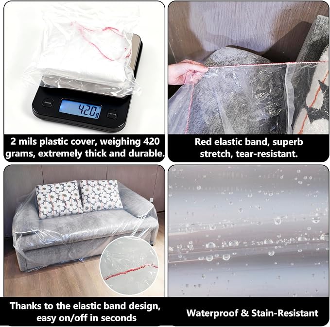 Plastic Loveseat Cover Furniture Cover with Elastic Band, Clear Sofa Cover Protector for Moving and Storage, Waterproof & Dustproof Moving Bags Slipcover 68W x 42D x 42H Inches (Loveseat)