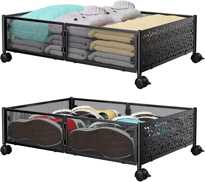 Under Bed Stroage Container with wheels,Patterned,Metal,2 Pack,Black | Tool-free assembly, glide smoothly, easy reach, foldable, maxmazie low-profile beds, dorm, keep seasonal clothes, shoes fresh