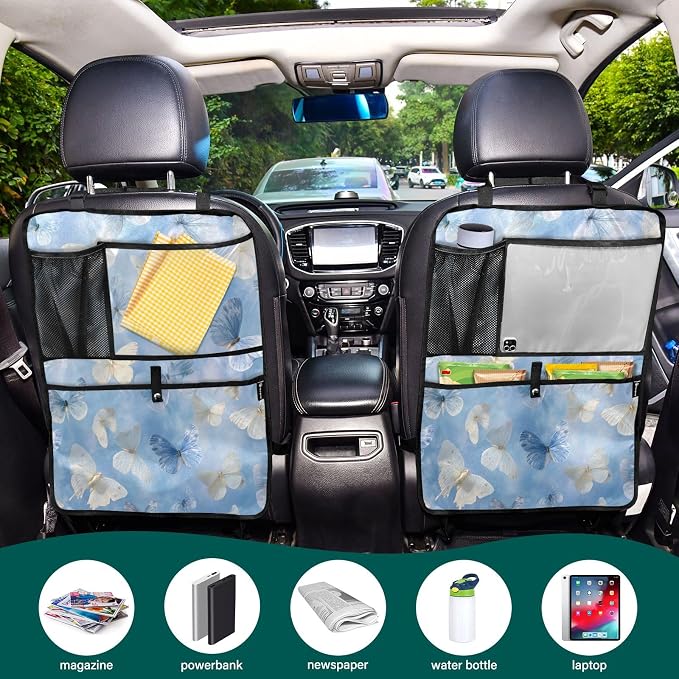 1 Pack Back Seat Car Organizer with Storage Pockets Kick Mats Back Seat Protector Hanging Car Organizer Automotive Seat Back Cover Organizers Sky Blue and White Butterflies