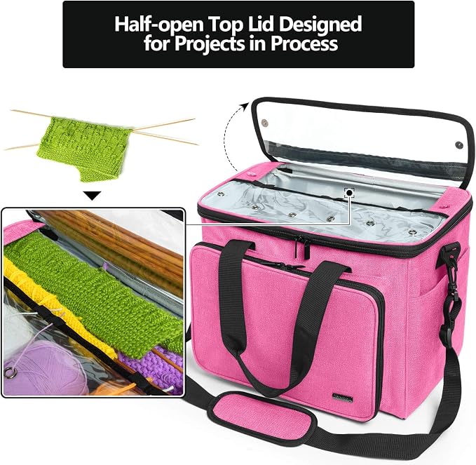 Teamoy Knitting Bag, Yarn Storage Organizer Crochet Bag Tote, Pink | Yarn Holder with Inner Divider(Sewn to Bottom) for Crochet Hook, Knitting Needles(Up to 14"), Project and Crocheting Supplies