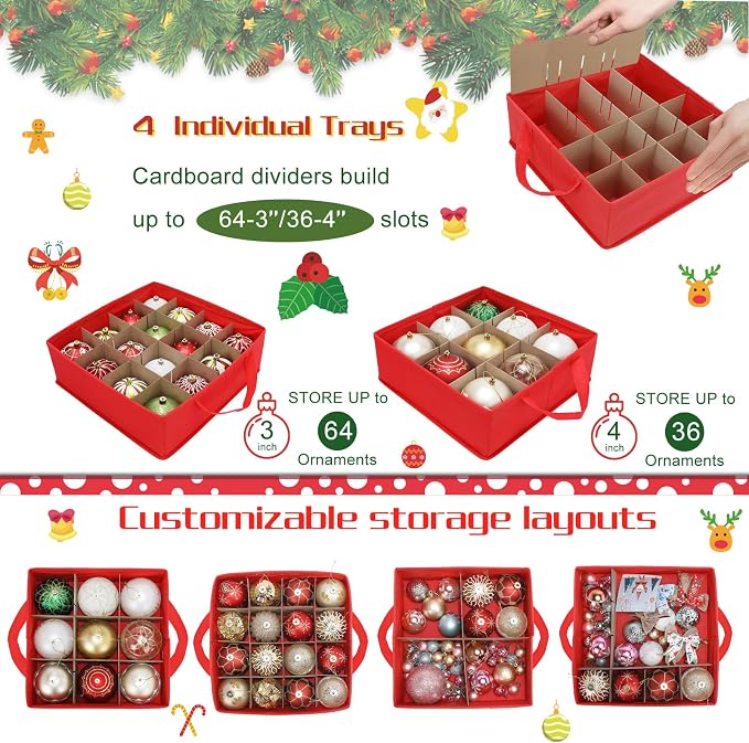 2-in-1 Christmas Ornament Storage Box Keeps 64-3"/36-4" Holiday Ornaments | Xmas Figurine Organizer Container,4 Separate Trays , Adjustable Extent Area for Figurines and Pockets for Holiday Décor
